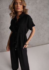 Renee - Czarny Komplet z Wiskozy Spodnie Wide Leg i Bluzka ze Ściągaczem w Talii Daemnell. Kolor: czarny. Materiał: wiskoza #2