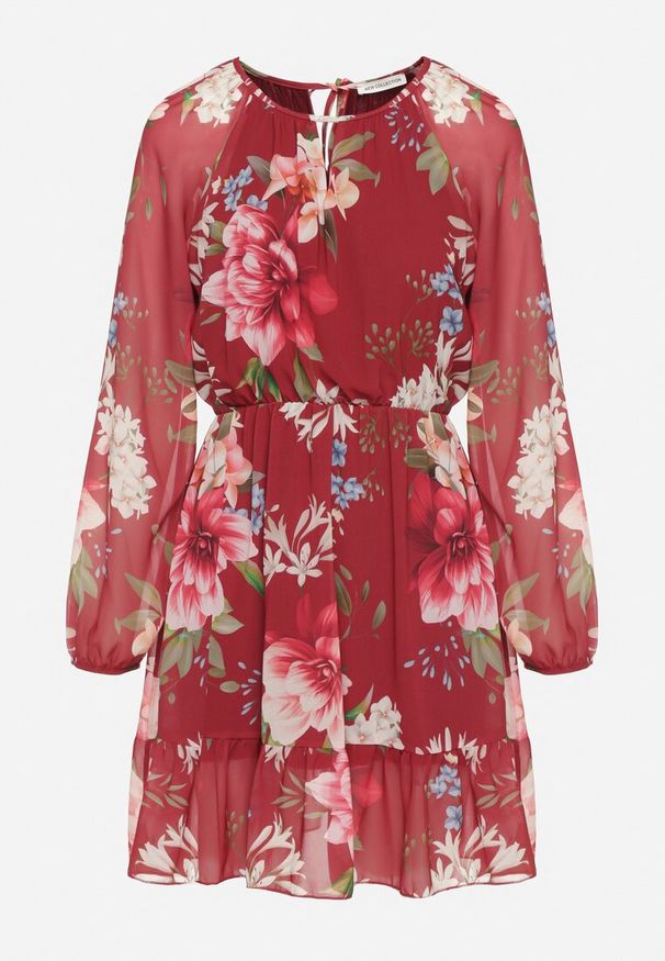 Born2be - Bordowa Sukienka o Rozkloszowanym Kroju w Kwiaty Zeramera. Okazja: na co dzień. Kolor: czerwony. Materiał: wiskoza. Długość rękawa: długi rękaw. Wzór: kwiaty. Typ sukienki: rozkloszowane. Styl: casual