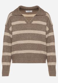 Born2be - Beżowy Sweter w Paski z Wełną i Dekoltem z Kołnierzykiem Tevana. Okazja: na co dzień. Typ kołnierza: dekolt w serek. Kolor: beżowy. Materiał: wełna. Wzór: paski. Styl: klasyczny, casual, elegancki #3