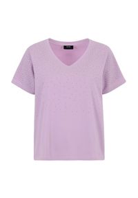 Ochnik - Fioletowy T-shirt damski z cekinami. Typ kołnierza: dekolt w serek. Kolor: fioletowy. Materiał: bawełna. Długość rękawa: krótki rękaw. Długość: krótkie. Wzór: aplikacja #3