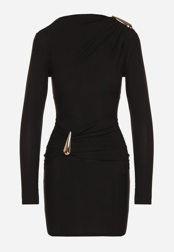 Born2be - Czarna Dopasowana Sukienka Ozdobiona Metalicznymi Aplikacjami Vetimala. Okazja: na imprezę. Kolor: czarny. Wzór: aplikacja