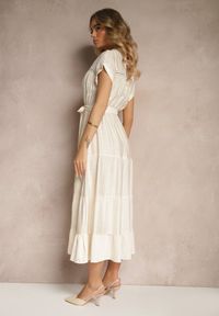 Renee - Beżowa Rozkloszowana Sukienka z Wiskozy z Wiązanym Paskiem Olissare. Okazja: na co dzień, na spacer. Typ kołnierza: dekolt w serek. Kolor: beżowy. Materiał: wiskoza. Długość rękawa: krótki rękaw. Typ sukienki: proste. Styl: casual #3
