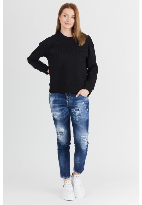 Valentino Garavani - VALENTINO GARAVANI Czarna bluza damska z wytłaczanym logo, Rozmiar S. Kolor: czarny. Materiał: prążkowany