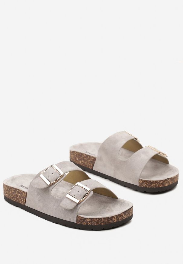 Born2be - Szare Klapki na Korkowej Podeszwie z Klamrami Arikasa. Kolor: szary. Materiał: len. Wzór: paski. Sezon: lato. Styl: elegancki