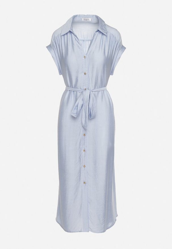 Born2be - Niebieska Koszulowa Sukienka na Guziki z Materiałowym Paskiem w Talii Qisofia. Okazja: na co dzień, na imprezę. Typ kołnierza: dekolt w kształcie V. Kolor: niebieski. Materiał: materiał. Typ sukienki: koszulowe. Styl: casual, elegancki, klasyczny