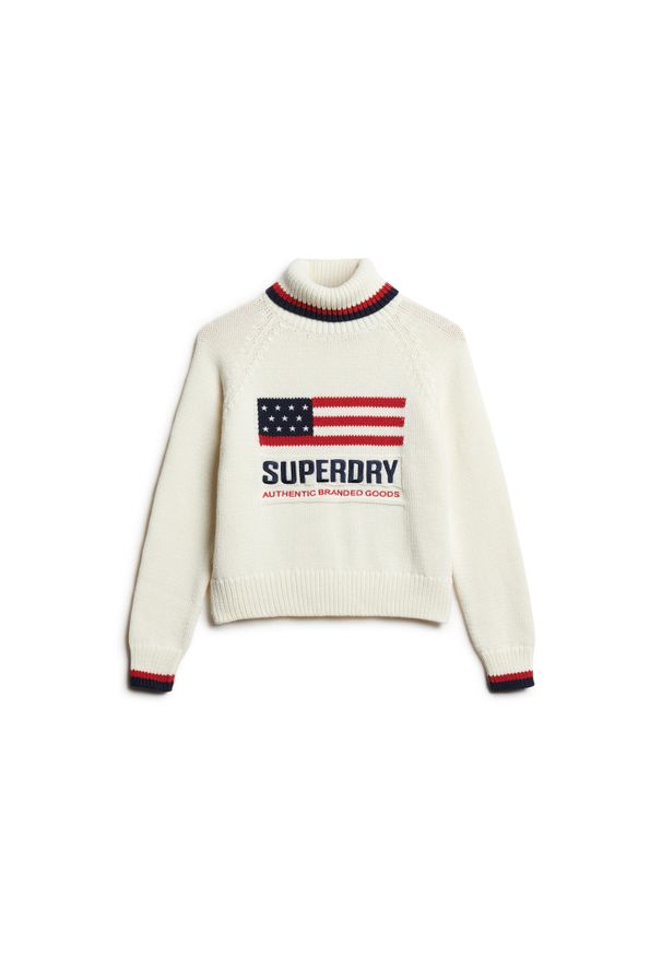 Damski sweter z golfem Superdry Americana. Typ kołnierza: golf. Kolor: beżowy, wielokolorowy, biały. Materiał: polar. Sezon: zima. Sport: golf