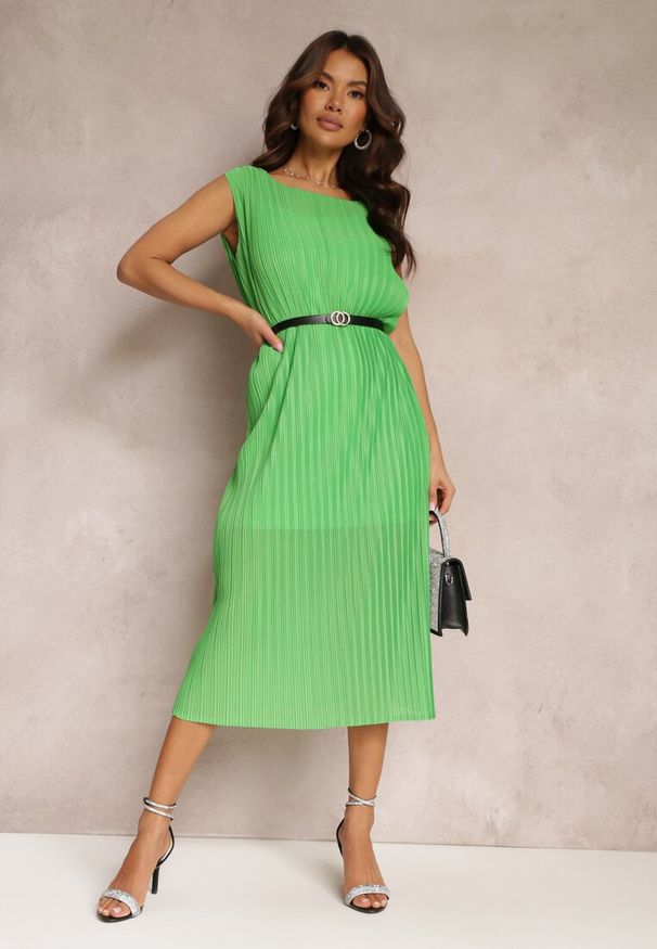 Renee - Zielona Pudełkowa Sukienka Midi z Plisowanej Tkaniny z Paskiem z Klamerką Lanaia. Kolor: zielony. Materiał: tkanina. Długość rękawa: bez rękawów. Długość: midi