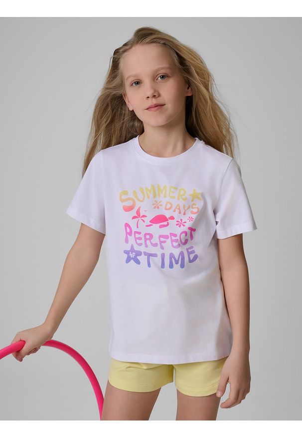 4f - 4F T-shirt regular z nadrukiem dziewczęcy - biały 164 (13-14 lat). Okazja: na co dzień. Kolor: biały. Materiał: dzianina, bawełna. Wzór: nadruk. Sezon: lato. Styl: casual