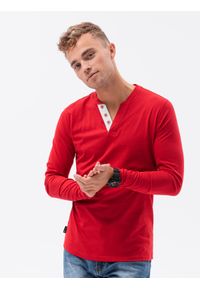 Ombre Clothing - Longsleeve męski z guzikami - czerwony V7 L133 - XXL. Kolor: czerwony. Materiał: bawełna, poliester. Długość rękawa: długi rękaw #4