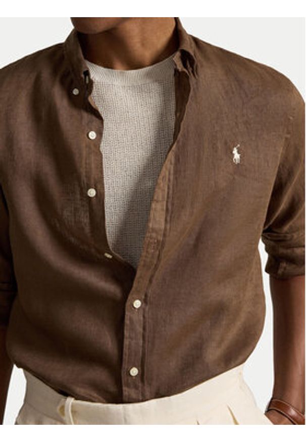 Polo Ralph Lauren Koszula 710968915500 Brązowy jasny Slim Fit. Typ kołnierza: polo. Kolor: brązowy. Materiał: len