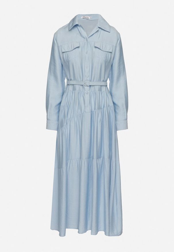 Born2be - Niebieska Wiskozowa Sukienka Ozdobiona Paskiem i Guzikami Ronitte. Okazja: na co dzień. Kolor: niebieski. Materiał: wiskoza. Wzór: aplikacja. Sezon: wiosna, lato. Styl: elegancki, casual, klasyczny