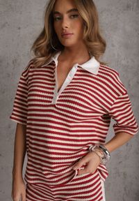 Renee - Beżowo-Czerwony Oversizowy Komplet z Dzianiny w Paski Koszulka Polo i Krótkie Spodenki Nanea. Kolor: beżowy. Materiał: dzianina. Wzór: paski #5