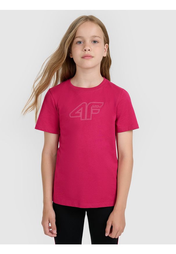 4f - 4F T-shirt regular z nadrukiem dziewczęcy - różowy 134 (8-9 lat). Okazja: na co dzień. Kolor: różowy. Materiał: jersey, bawełna, materiał. Długość rękawa: krótki rękaw. Długość: krótkie. Wzór: nadruk. Sezon: lato. Styl: sportowy, młodzieżowy, klasyczny, casual