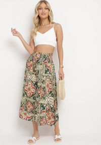 Born2be - Ciemnozielone Bawełniane Spodnie Culotte z Wysokim Stanem i Gumką w Talii w Boho Stylu Olovia. Stan: podwyższony. Kolor: zielony. Materiał: bawełna. Styl: boho #2