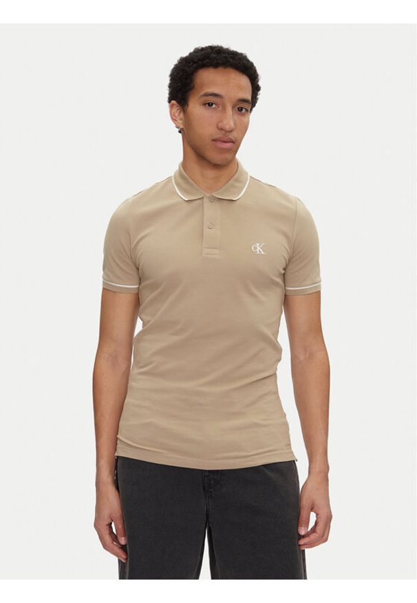 Calvin Klein Jeans Polo J30J315603 Beżowy Slim Fit. Typ kołnierza: polo. Kolor: beżowy. Materiał: bawełna