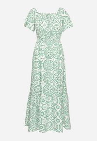 Born2be - Zielono-Biała Rozkloszowana Sukienka z Bawełną i Abstrakcyjnym Wzorem Ldivoria. Okazja: na spacer, na imprezę. Kolor: zielony. Materiał: bawełna. Styl: elegancki #4