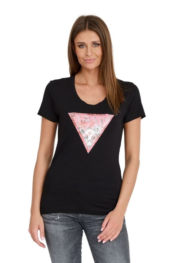 Guess - GUESS Czarny damski t-shirt Satin Triangle Tee, Rozmiar XS. Kolor: czarny
