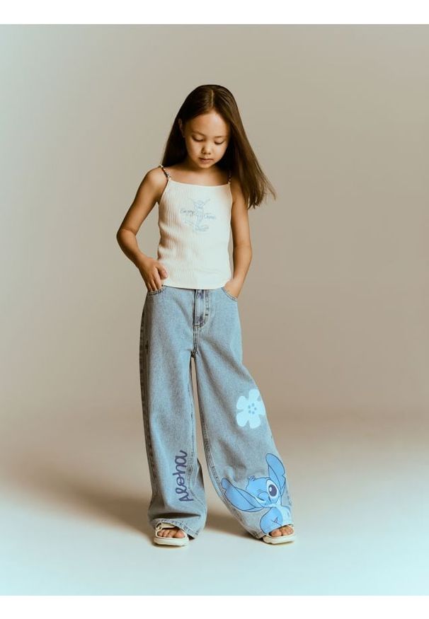 Reserved - Jeansy super wide leg Lilo i Stitch - niebieski. Kolor: niebieski