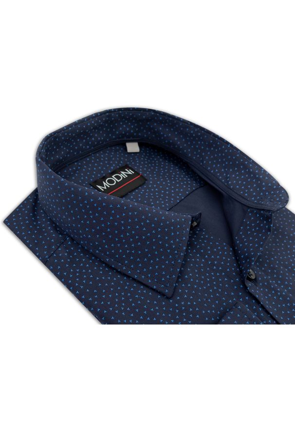 Modini - Granatowa koszula męska w błękitny wzór A61. Kolor: niebieski. Materiał: bawełna, poliester, tkanina. Długość: długie