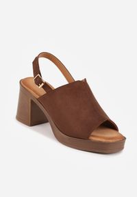 Renee - Brązowe Sandały VICES na Słupku i Platformie Stylizowanych na Drewniane Lobenti. Zapięcie: sprzączka. Kolor: brązowy. Materiał: jeans. Sezon: lato. Obcas: na platformie #9