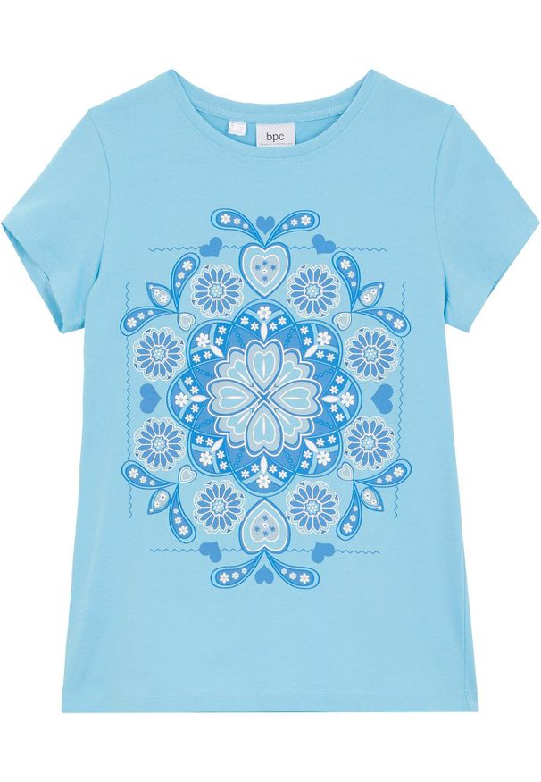 bonprix - T-shirt z czystej bawełny organicznej. Okazja: na co dzień. Kolor: niebieski. Materiał: bawełna. Długość rękawa: krótki rękaw. Długość: krótkie. Wzór: nadruk. Styl: casual