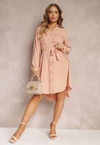 Renee - Różowa Koszulowa Sukienka Mini Bawełniana Zenata. Kolor: różowy. Materiał: bawełna. Typ sukienki: koszulowe. Długość: mini #5