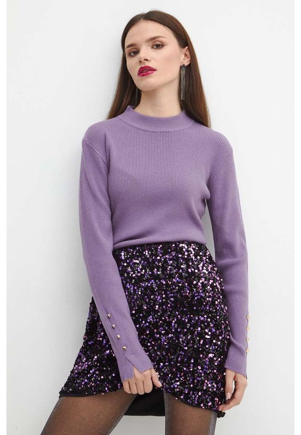 medicine - Medicine sweter damski kolor fioletowy lekki. Kolor: fioletowy. Materiał: dzianina, prążkowany. Długość rękawa: długi rękaw. Długość: długie