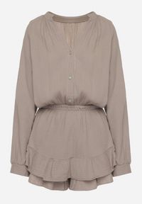 Born2be - Ciemnobeżowy Bawełniany Kombinezon z Elastyczną Gumką w Talii i Spódnico-Spodenkami Gleasea. Okazja: na co dzień. Kolor: beżowy. Materiał: bawełna. Styl: elegancki, casual #6