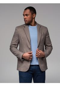 Ombre Clothing - Marynarka męska casual w delikatną kratkę - brązowa V1 - Rozmiar: L. Okazja: na co dzień. Kolor: brązowy. Materiał: poliester. Wzór: kratka. Styl: casual