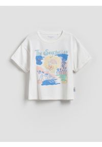 Reserved - Bawełniany t-shirt z nadrukiem - złamana biel. Materiał: bawełna. Wzór: nadruk