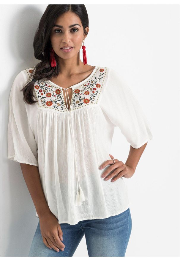 bonprix - Tunika z miękkiej kreszowanej wiskozy. Kolor: biały. Materiał: wiskoza. Wzór: haft