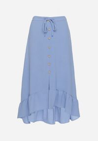 Born2be - Niebieska Asymetryczna Spódnica z Falbanami i Ozdobnymi Guzikami Marolana. Okazja: na co dzień. Kolor: niebieski. Wzór: gładki. Styl: elegancki, casual #4