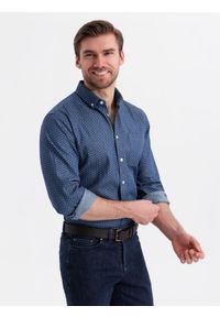 Ombre Clothing - Wzorzysta męska koszula z cienkiego jeansu z kieszonką – niebieska V2 - Rozmiar: XL. Okazja: na co dzień. Kolor: niebieski. Materiał: jeans. Wzór: gładki. Styl: klasyczny, casual #11
