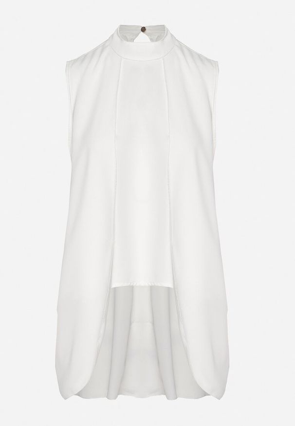 Born2be - Biała Asymetryczna Bluzka z Dłuższymi Bokami Fadeleira. Okazja: na co dzień. Typ kołnierza: kołnierzyk stójkowy. Kolor: biały. Materiał: jeans. Długość: długie. Styl: elegancki, klasyczny, casual