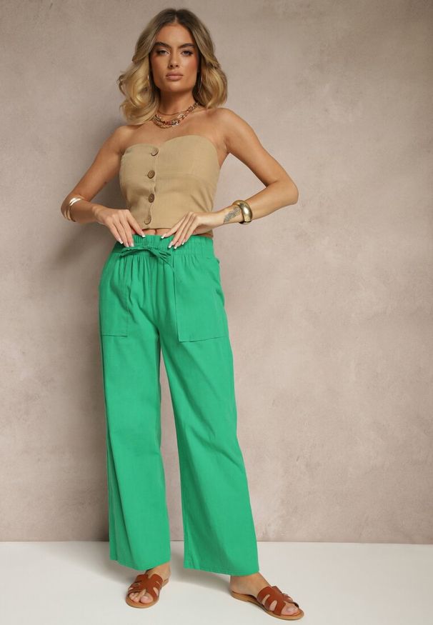 Renee - Zielone Bawełniane Spodnie z Kokardą Davilena. Okazja: na co dzień. Stan: podwyższony. Kolor: zielony. Materiał: bawełna. Styl: casual, elegancki