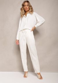 Renee - Białe Proste Spodnie Bawełniane z Gumką w Pasie Xisela. Kolor: biały. Materiał: bawełna. Styl: elegancki