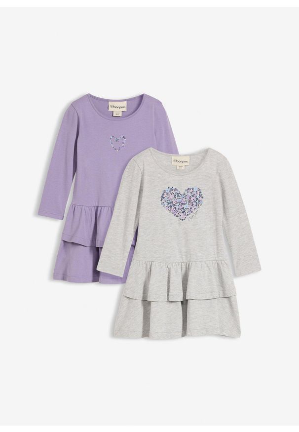 bonprix - Sukienka z dżerseju z czystej bawełny organicznej (2 sztuki). Typ kołnierza: kołnierz z falbankami. Kolor: szary. Materiał: jersey, bawełna. Długość rękawa: długi rękaw. Wzór: nadruk