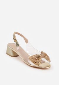 Born2be - Złote Sandały VICES na Słupku ze Sprzączką i Ozdobną Kokardką Orinvia. Okazja: na co dzień. Zapięcie: sprzączka. Kolor: złoty. Materiał: jeans. Obcas: na słupku. Styl: casual, klasyczny, elegancki #5
