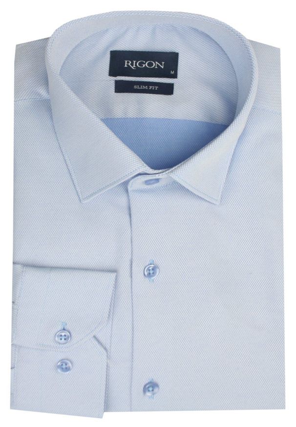 Elegancka Męska Taliowana Koszula - Rigon - Błękitna (Slim Fit). Okazja: na spotkanie biznesowe, do pracy. Kolor: niebieski. Materiał: poliester, bawełna, elastan. Długość rękawa: długi rękaw. Długość: długie. Styl: elegancki