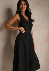 Renee - Czarna Rozkloszowana Sukienka z Guzikami Folunira. Kolor: czarny. Sezon: lato, wiosna. Styl: elegancki #4