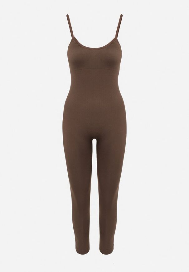Born2be - Brązowy Kombinezon Bodycon z Cienkimi Ramiączkami Nevithas. Okazja: na co dzień. Kolor: brązowy. Materiał: jeans. Długość rękawa: na ramiączkach. Długość: długie. Styl: klasyczny, casual