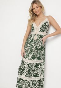 Born2be - Zielona Bawełniana Sukienka Rozkloszowana w Etniczny Wzór z Koronką Taliosha. Okazja: na co dzień. Typ kołnierza: dekolt w kształcie V. Kolor: zielony. Materiał: koronka, bawełna. Długość rękawa: na ramiączkach. Wzór: koronka. Styl: casual, elegancki #6