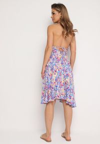 Born2be - Niebieska Bawełniana Sukienka z Wiązaniem na Szyi i Plecach Risalliem. Kolor: niebieski. Materiał: bawełna. Typ sukienki: rozkloszowane #5