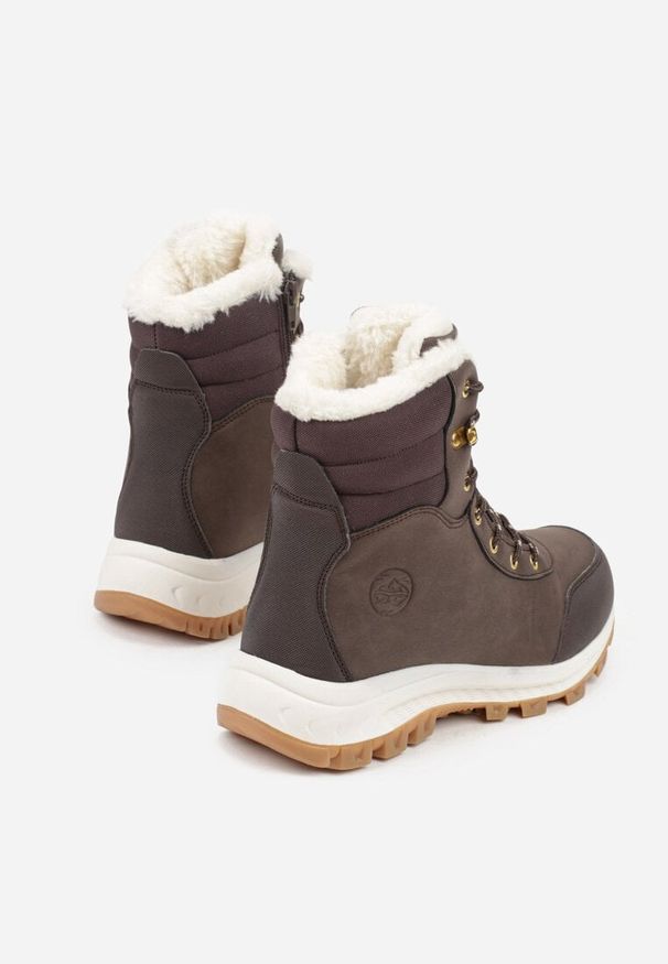 Renee - Ciemnobrązowe Botki Trekkingowe na Platformie ze Sznurowaniem Labrinna. Okazja: na spacer. Zapięcie: sznurówki. Kolor: brązowy. Materiał: jeans, dzianina. Sezon: zima. Obcas: na platformie. Styl: elegancki