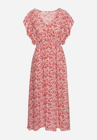 Born2be - Czerwona Sukienka Bawełniana z Gumką w Talii i Mozaikowym Wzorem Indaria. Kolor: czerwony. Materiał: bawełna #2