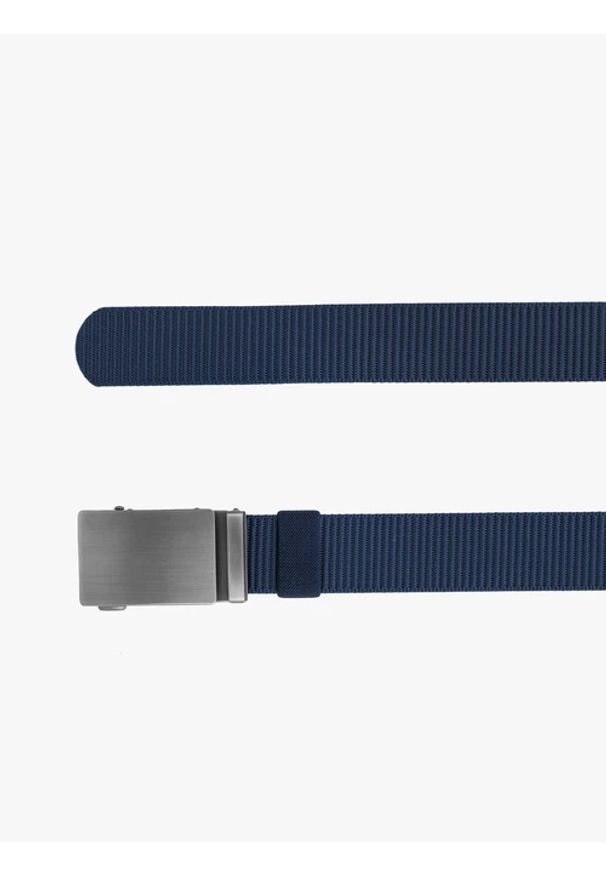 Ryłko - Granatowy pasek męski ze srebrną klamrą. Kolor: niebieski. Materiał: tkanina. Styl: street, elegancki