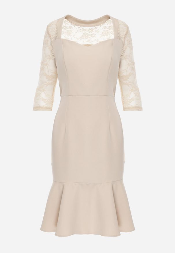 Renee - Beżowa Sukienka VICES o Taliowanym Kroju z Rękawami z Koronki Metirei. Kolor: beżowy. Materiał: koronka. Wzór: koronka. Styl: elegancki