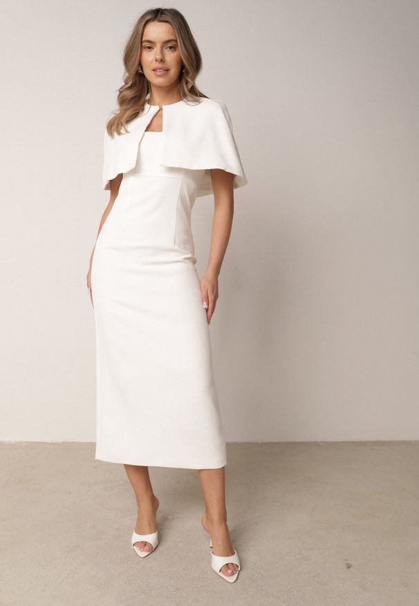 Born2be - Biała Dopasowana Elegancka Sukienka VICES z Pelerynką Celareca. Kolor: biały. Materiał: poliester. Długość rękawa: na ramiączkach. Styl: elegancki