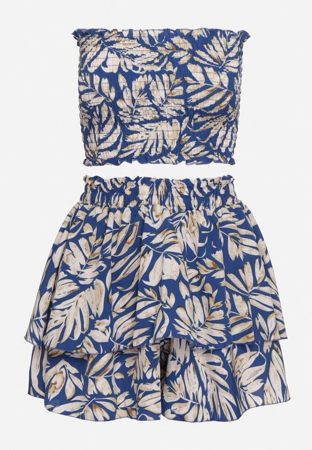 Born2be - Granatowy Komplet 2-Częściowy Krótki Top bez Rękawów Szorty z Gumką w Pasie i Falbanką Riloa. Kolor: niebieski