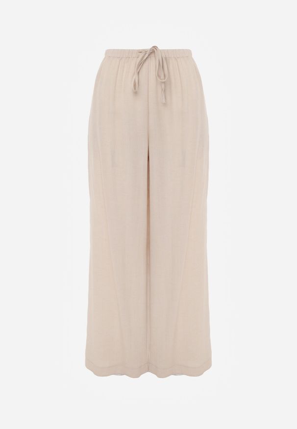 Born2be - Beżowe Wiskozowe Spodnie z Szeroką Nogawką i Wiązaniem w Talii Terisanna. Okazja: na co dzień. Kolor: beżowy. Materiał: wiskoza. Styl: casual, elegancki, klasyczny